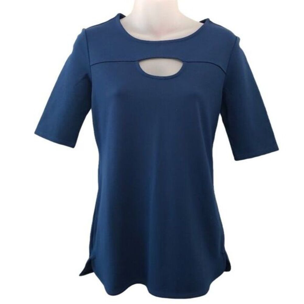 Catharine Malandrino Keyhole Blouse Top Women's XS Blue Stretch Short-Sleeve NEW